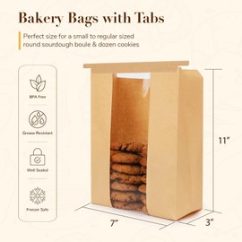 Foranda 50 Pack Paper Bread Bags for Homemade Bread, 7x3×11 Inches Resealable Tin Tie Tab Bakery Bags with Window for Round Sourdough, Cookies, Loaves, Bagels