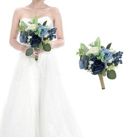 Ramos de dama de honor para boda – Ramos de flores artificiales de 7 pulgadas para decoración de centros de mesa de ceremonia, aniversario, azul marino y blanco