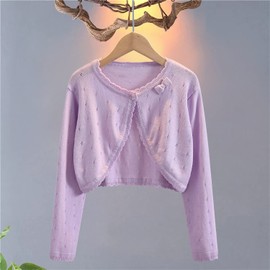 Yealoo Bolero Girls' Long Sleeve Cardigan Children's Bolero Jacket Shoulder Jacket Communion Dress Cotton with Bow, purple