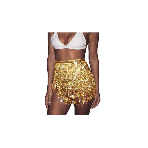 Zoestar Sequin Belly Dance Skirt Tassel Hip Scarf Multiplayer Dance Belt Party Performance Skirt Wrap for Women and Girls (Gold)