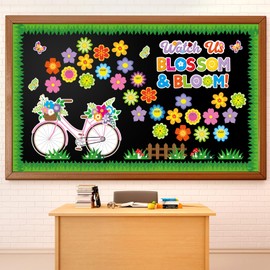 Kosiz Spring Bicycle Bulletin Board Decorations Set Flower Butterfly Bike Paper Cutouts Watch Us Blossom Bloom Classroom Decorations with Green Borders for School Chalkboard Wall Door Home