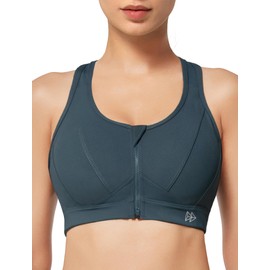 Yvette Zip Front Sports Bra - High Impact Sports Bras for Women Plus Size Workout Fitness Running,Haze Blue,3XL Plus