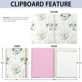 Rimilak Spiral Clipboard Folio with Refillable Lined Notepad, 14.5 x 9.8 in, Hardcover Cover with 5 Interior Pockets, Elastic Band and Pen Loop Series. Cute Stylish Clipfolio, Bohe Leaves