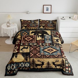 Erosebridal Rustic Bear Comforter Set King,Buffalo Plaid Grid Checkered Bedding 3Pcs,Hunting Deer Farmhouse Cabin Decor Quilt,Retro Southwest Aztec Bed Set,Tribal Geometry Duvet Insert,Brown Red