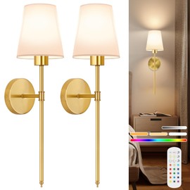 Battery Operated Wall Sconces Set of 2, Gold Rechargeable Wall Lamps with 2500mAh Magnet Detachable and Remote Bulbs, 12 RGB Colors & 3 Color Temperatures, Dimmable Wireless Wall Lights for Bedroom