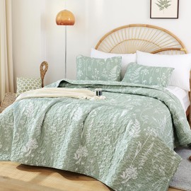 JANZAA Twin Quilt Sage Green Quilt Bed Spread Boho Quilt with Floral Pattern Microfiber Quilts Set 2 Pieces Lightweight Comforter Reversible Bedding Set, 1Quilt 66x90 inches,1 Pillowcase