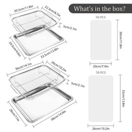 Baccooli Air Fryer Basket for Oven, Stainless Steel Oven Air Fryer Basket and Tray Set, 2 Pack Air Fryer Pan Rack with 100 Pcs Parchment Papers - 15"x11" & 12.8"x9.6"