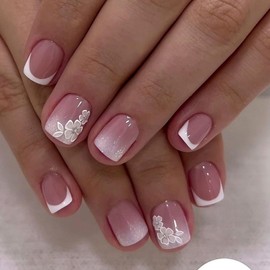 Square Press on Nails Short Fake Nails with Flower Rhinestones Designs White French Tip Nails Press ons Light Pink Acrylic Nails Glossy Glue on Nails Daily Wear Natural Stick on Nails for Women 24Pcs