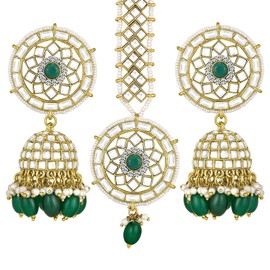 Aheli Gold Plated Kundan & Beads Studded Jhumki Earrings & Maangtikka Ethnic Bridal Jewellery Set Gift for Women Green