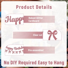 Pink Bow Birthday Party Decorations - Happy Birthday Banner & Pink Bow Bunting Garland, Girls/Boys Coquette Birthday Party Decorations Rose Gold Glitter