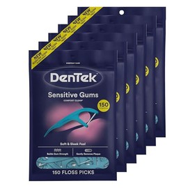 Dentek Comfort Clean Floss Picks | Silky Ribbon Floss to Remove Food & Plaque | 150 Picks | Pack of 6