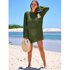 Prinbara Crochet Cover Up for Women Swimsuit Summer Bathing Suit 2025 Swim Hollow Out Bikini Swimwear Mesh Knit Beach Dress Army Green Large