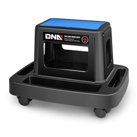 DNA MOTORING Mobile Plastic Tool Seat Rolling Garage Work Stool with Under-Seat Storage & Tray for Workshop Auto Repair Shop, Blue/Black, TOOLS-00369