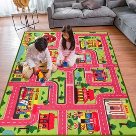 Kids Carpet Playmat Rug 59"x39.4", Car Rug for Kids Cars, Non-Slip Town City Road Map Kids Rug for Playroom Bedroom Boys, Kids Car Mat Road Rug, Track Rug Car Play Rug for Kids (59X39.4 INCH-Pink)