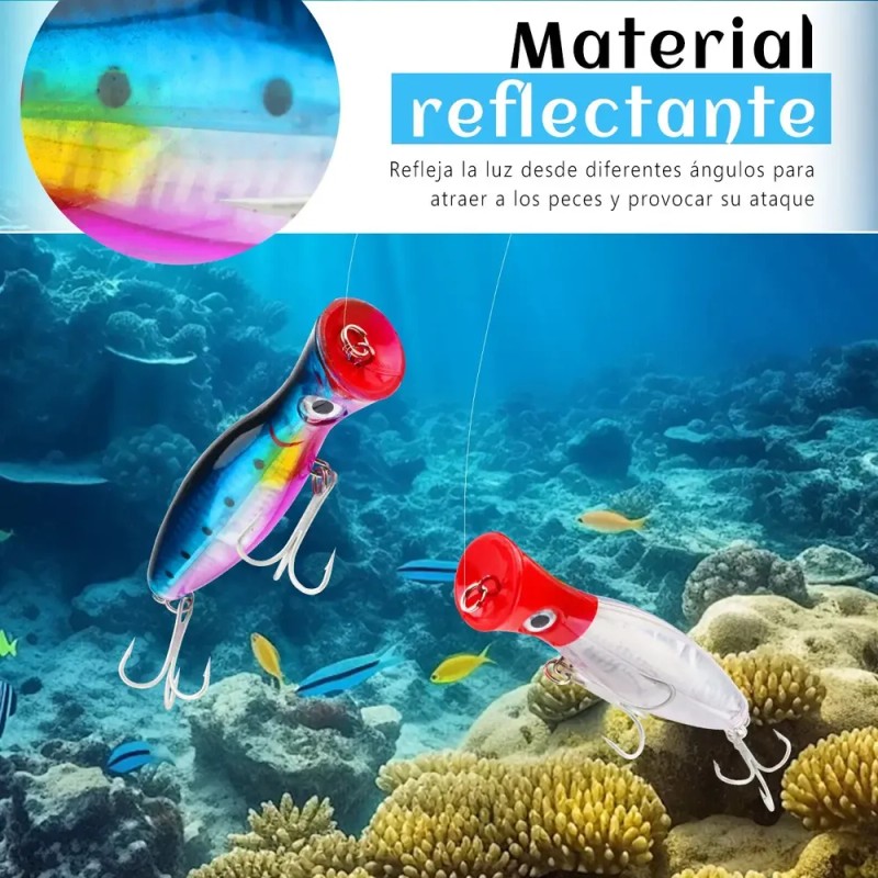 5 Señuelos Popper De 43g Kit Pesca Superficial Mar Playa