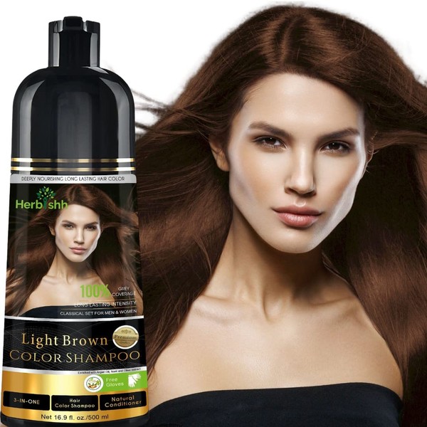 Herbishh Hair Color Shampoo for Gray Hair – Magic Hair Dye Shampoo – Colors Hair in Minutes–Long Lasting–500 Ml–3-In-1 Hair Color–Ammonia-Free (Light Brown)