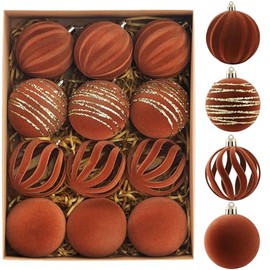 Christmas Ornaments Set of 12, 3.15" Flocked Velvet Balls with Hand Painted Designs, Brown Elegant Christmas Tree Decorations in Gift Box