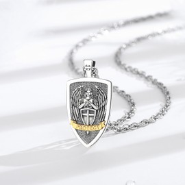 INFUSEU St Michael Pendant for Men Women Archangel Saint Michael Necklace Medal Armor of God Sterling Silver San Miguel Arcangel Medalla Catholic Christian Jewelry Protection Spiritual Religious Gift