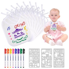 Ailvor Painting Bibs, Pack of 8 Baby Shower Bibs, White Double-Sided with 8 Textile Pens and 3 Painting Stencils, Baby Shower Games for Baby Shower, Gift Boy Girl, White