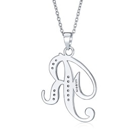 ABC Cubic Zirconia Pave CZ Cursive Script Letter Alphabet Initial R Pendant Necklace For Women Sterling Silver