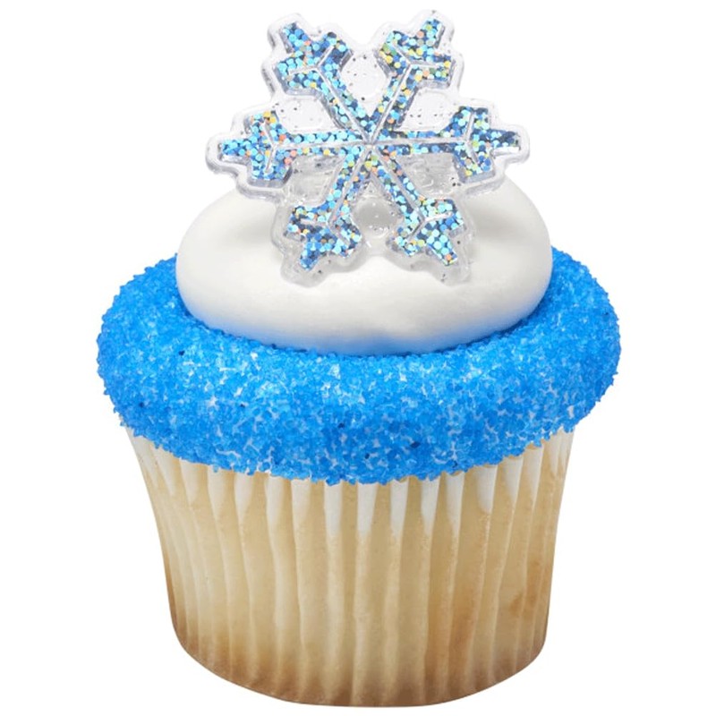 Holographic Glitter Snowflake Cupcake Rings - Set of 24