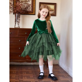Arshiner Little Girls Green Dress Irregular Hem Tulle Cute Bowknot Fall Winter Dresses Holiday Christmas Clothes 4T