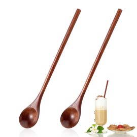 Ouligay 2 Pcs Long Wooden Spoon,Wooden Honey Spoon,7.8 Inch Wood Mixing Spoons for Coffee,Wood Spoons for Eating Stirring,Wooden Teaspoon with Long Handle for Kitchen Bar Restaurant(Phoebe)