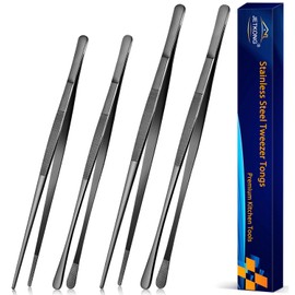 JETKONG 4 Pcs Kitchen Tweezers Professional Stainless Steel Cooking Tweezers Set, Black Kitchen Food Tweezer Tongs for Cooking, Repairing, and BBQ (10+12-Inch, Black)