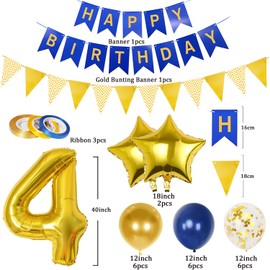 4th Birthday Decorations Boy Girl, Gold and Blue 4 Year Old Birthday Decorations with Happy Birthday Banner, Triangle Flags, 40In Number 4 Foil Birthday Balloons, Star Balloons and 18Pcs 12In Balloons