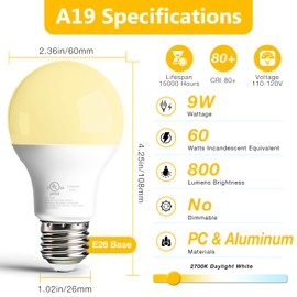 dalattin 24 Pack LED Light Bulbs Soft White 2700K, 60 Watt Equivalent A19 Standard Bulbs, E26 Base, 800 LM, Efficient 9W Energy Saving, Non-Dimmable, 80+ CRI,120V, UL Listed, for Living Room, Office