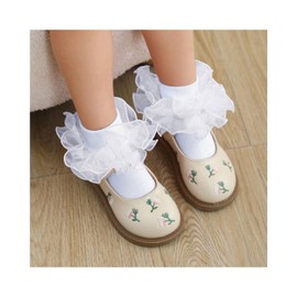 Toddler Ruffle Socks for Girls Dress Socks Double Lace Socks for Kids Turn Cuff Baby Socks 1 Pairs White 2-4 T