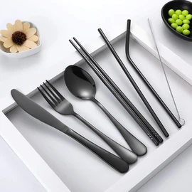 Travel Utensils,Reusable Silverware Set to Go Portable Cutlery Set with a Waterproof Carrying Case for Lunch Boxes Workplace Camping School Picnic (FlowerCase/Black)