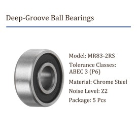 Kozelo Pack of 5 MR83-2RS Deep Groove Ball Bearings - [3 mm Bore x 8 mm Outer Diameter x 3 mm Thick] Double Rubberised Bearings for Use in Machine Tools, P6 (ABEC 3)