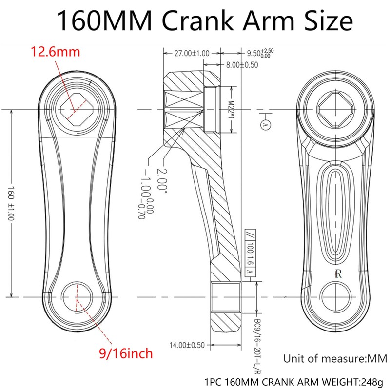 Alps2Ocean Universal Bike Crank Arm,152mm/160mm/165mm/170mm/175mm Left Crank Arm,Crank Arm Left