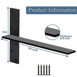 Free Hanging Countertop Support Bracket 20" Lx2.5 W 3 Pack Black Heavy Duty Hidden Floating Wall Shelf Bracket 3/8" Thick for Floating Bars,Bench Seats,Vanities
