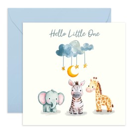 Safari Animals Congratulations Card - 'Hello Little One' - Gifts for New Baby, New Parents, Him, Her, Babies, Additional Family - Welcome to this World - Comes with Fun Stickers