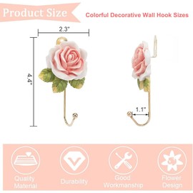 MDPLY 3 Pack Decorative Pink Flower Wall Hooks for Hanging Things, Bathroom Rose Towel Hooks, Cute Resin Flower Bow Coat Hook, Key, Bag, Robe, Hat etc for Girl Room Decor (3 Colorful)