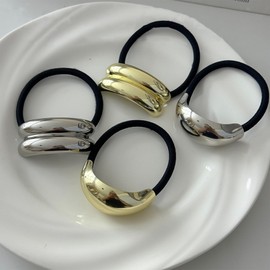 4PCS Metal Hair Ties Gold & Silver Geometric Elastic Hair Ties Ponytail Holder No Damage Hair Accessories Fashion Glossy Arch Gold Hair Cuff for Valentine Holiday Gifts