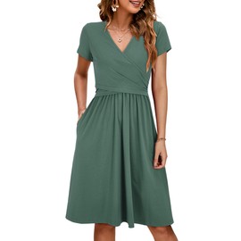 OUGES Women's 2025 Summer Short Sleeve V Neck Midi Dress with Pockets Maternity Clothes Nursing Dresses(Short Sleeve-F Gray Green,L)