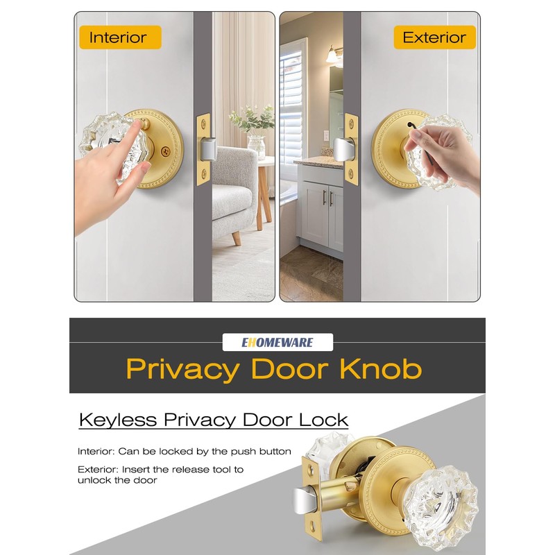 EHOMEWARE 1 Pack Glass Door Knobs Interior, Door Locks for