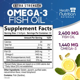 Omega 3 Fish Oil 2400 mg - Triple Strength Omega3, EPA & DHA Fatty Acids Supplement - Natural Support for Immune, Heart & Brain Health - Wild Caught, Non-GMO, Lemon Flavor, Burpless - 180 Softgels