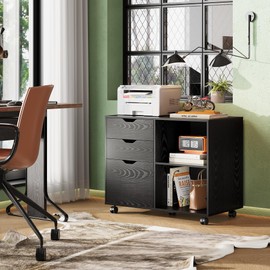DEVAISE 3-Drawer Wood File Cabinet, Mobile Lateral Filing Cabinet, Printer Stand with Open Storage Shelves for Home Office, Black