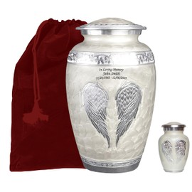 White Angel Wings Funeral Cremation Urn with Mathcing Keepsake Velvet Bags and Personalization (Pearl White, Large)
