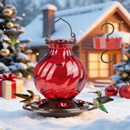 Hummingbird Feeder, Auslar 26 Ounces Glass Hummingbird Feeders for Outdoors Hanging Ant and Bee Proof, Ant Moat & 5 Flower Feeding Ports, Rustproof, Leakproof, Netted Flower Bud Shape Bottle, Red