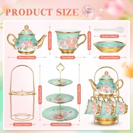 Suttmin 21 Pcs Ceramic Teapot Set Vintage Porcelain Tea Cups with Metal Holder and High Tier Cupcake Stand Saucers for Women Girls Farmhouse European Weddings Party Decor Gifts(Green,Summer)