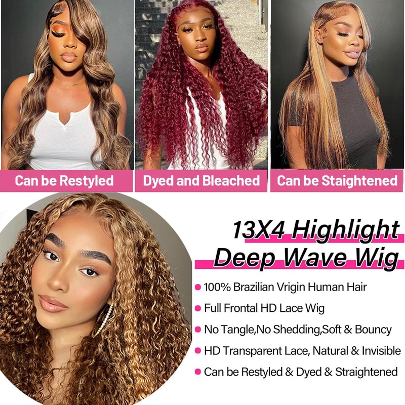 Highlight Lace Front Wig Human Hair 13x4 Deep Wave Wig