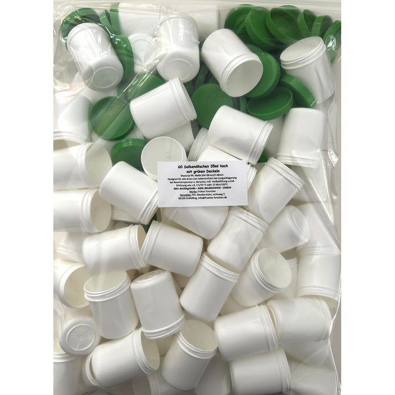 60 Ointment Jar Containers Cream/Ointment Kruke 35ml Capacity, with Green