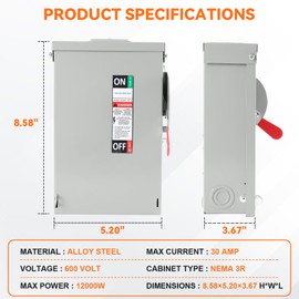 30 Amp 600 Volt Disconnect Switch Box,3 Pole with Interlock Mechanism,Arc Protection Non-Fusible,Indoor&Outdoor,Galvanized Steel,Heavy-Duty，Anti Corrosion and Rust Prevention,10-Year Warranty