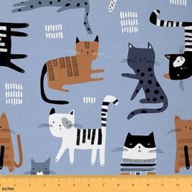 Cute Cat Fabric by The Yard, Cartoon Animal Upholstery Fabric, Kawaii Cats Pet Decorative Fabric, Cat Lover Indoor Outdoor Fabric, Geometric Stripes DIY Art Waterproof Fabric, Blue Black, 1 Yard
