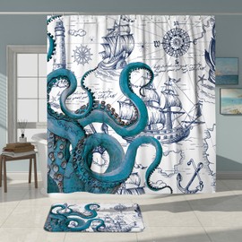 DESIHOM 3Pcs Nautical Octopus Bathroom Sets with Shower Curtain and Rugs, 72'' Shower Curtain and Two Non-Slip Washable Bath Mats (15.7''x23.6''&19.7''x31.5''), Funny Bathroom Decor